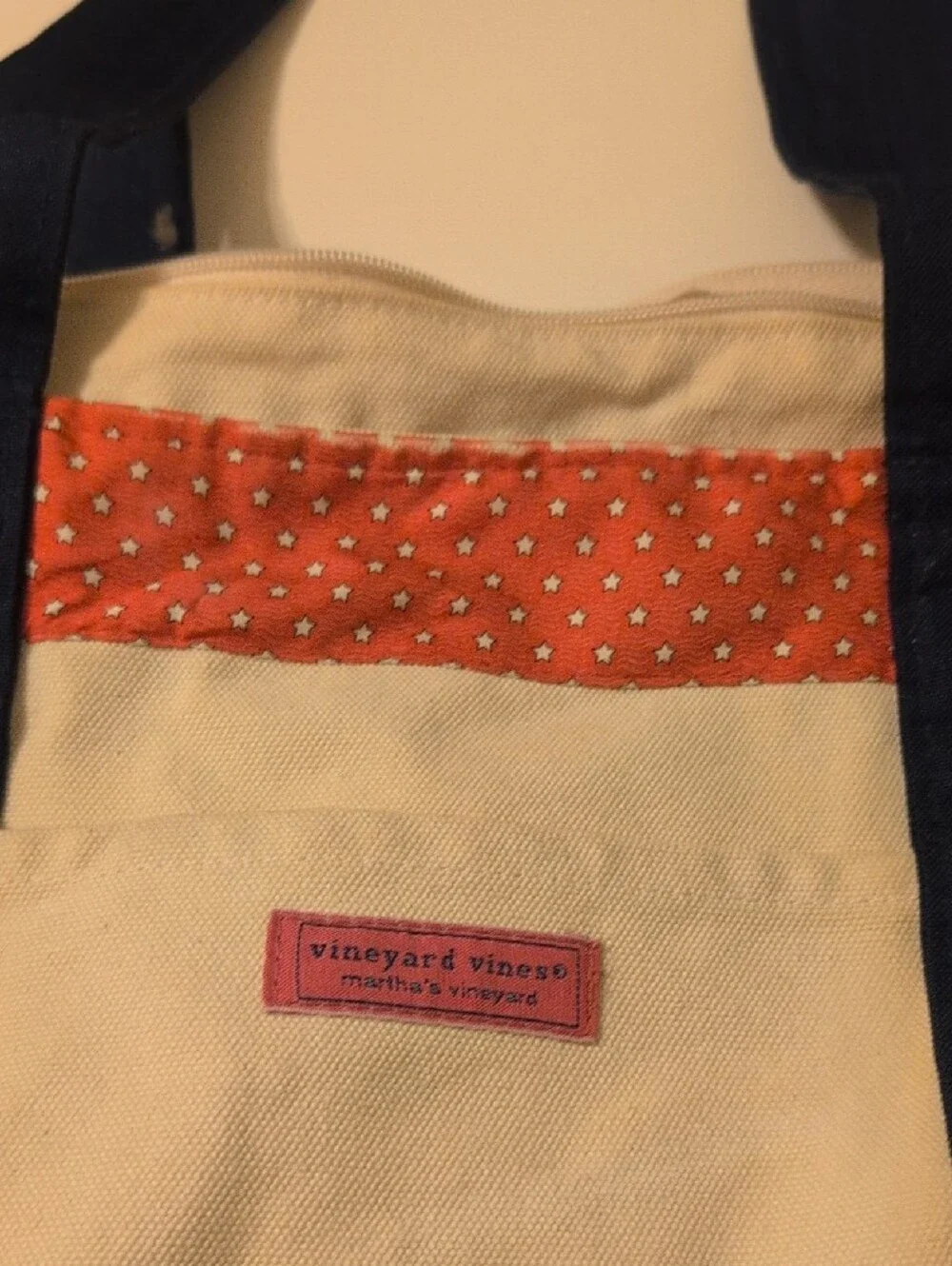 Vineyard Vines Cream Canvas Tote with Navy Straps and Multicolor Accents